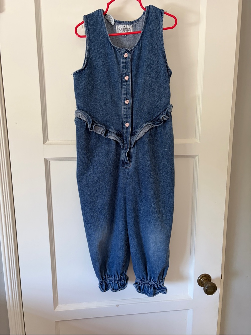 Vintage 90s Girls' Denim Ruffled Jumpsuit heart buttons
